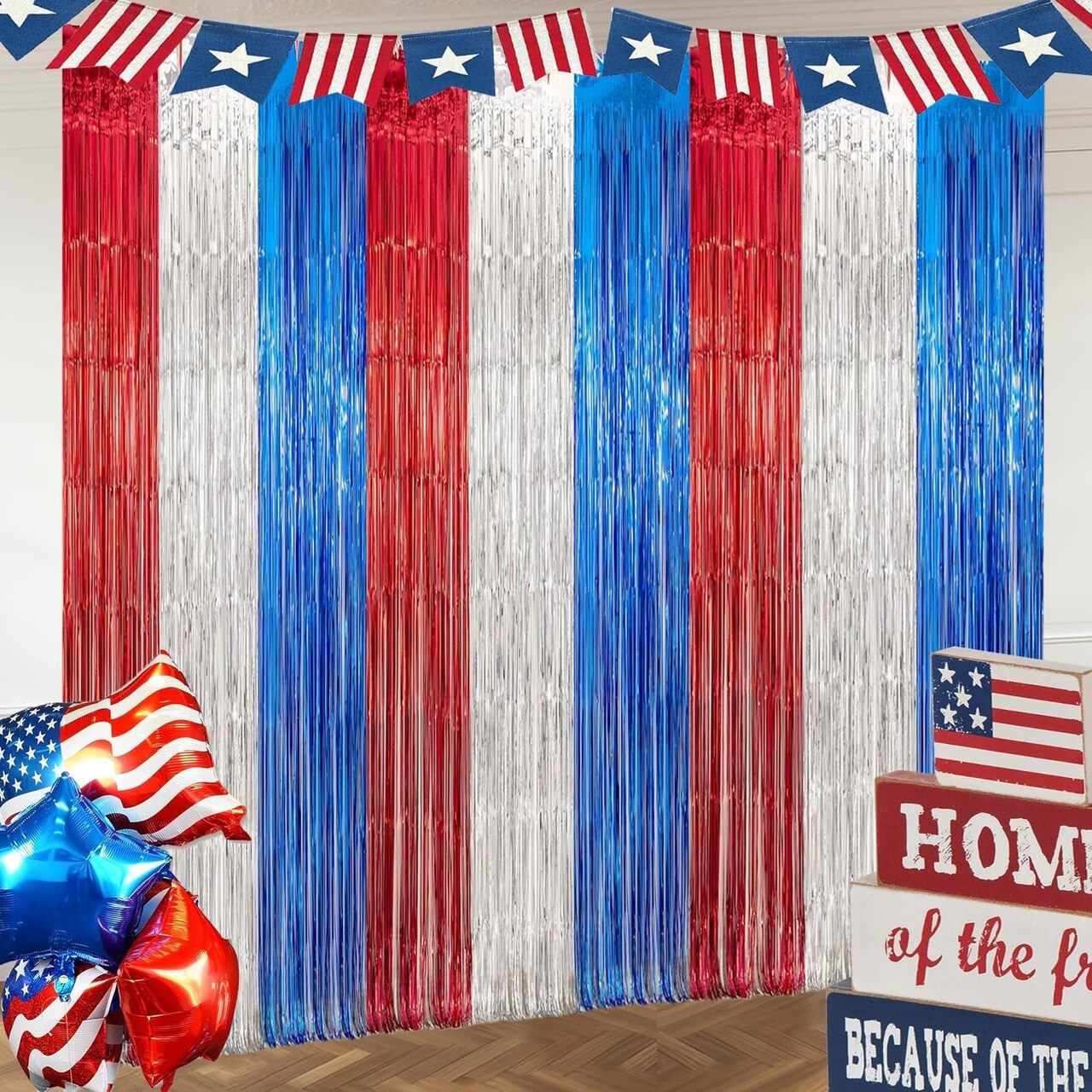 3Pc Blue Silver Red Tinsel Foil Fringe Backdrop for 4Th of July Decorations Birthday Memorial Day Independence Day Labor Day Patriotic Backdrop Window Door Wall Party Decorations